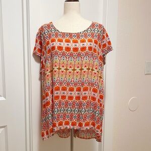 Cynthia Rowley Colorful Blouse Short Sleeve Floral Abstract Geometric Rayon 1X